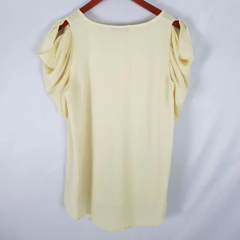 Bluheaven Shirt Womens Medium Top Yellow Short Cold Shoulder Sleeve‎ Round Neck - Picture 2 of 9